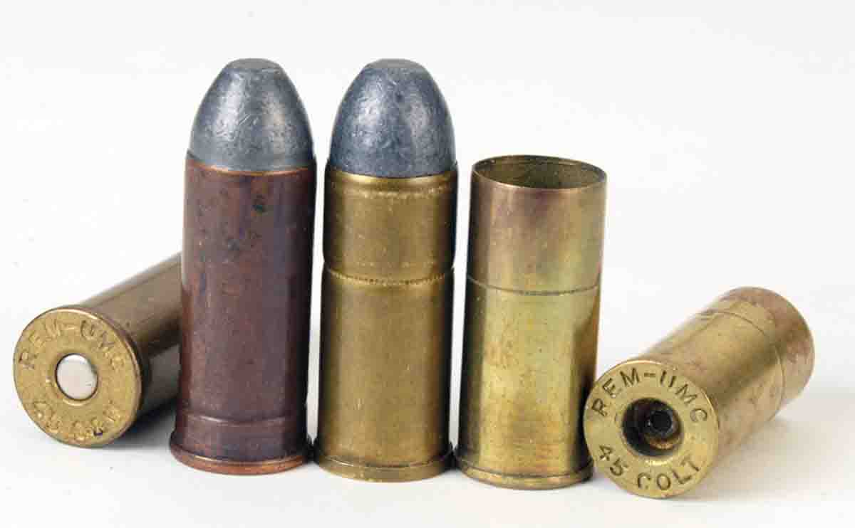 It is often said that there was never a “short” .45 Colt factory load. The upright cartridge at left is a government .45 S&W. At right is a REM-UMC .45 round headstamped “Colt.” It has the same length as .45 S&W, but the same rim diameter as .45 Colt. It would not function properly in S&W No. 3 .45 “Schofield” revolvers.
